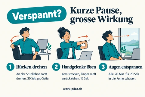 Übungskarte Verspannt? Kurze Pause, grosse Wirkung: Rücken drehen, Handgelenke lösen, Augen entspannen