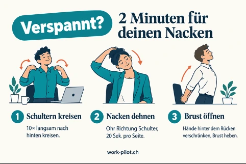 Übungskarte Verspannt? 2 Minuten für deinen Nacken: Schultern kreisen, Nacken dehnen, Brust öffnen