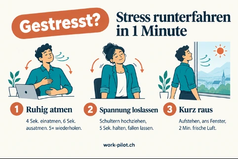 Übungskarte Gestresst? Stress runterfahren in 1 Minute: ruhig atmen, Spannung loslassen, kurz raus