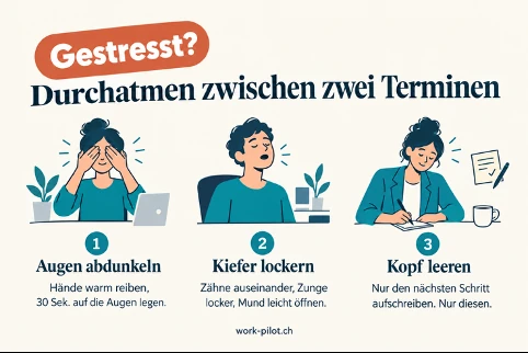 Übungskarte Gestresst? Durchatmen zwischen zwei Terminen: Augen abdunkeln, Kiefer lockern, Kopf leeren